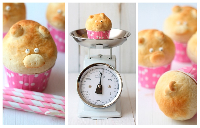 Receta del pan de leche con forma de cerdito Collage de la receta de Pan de leche con forma de cerdito
