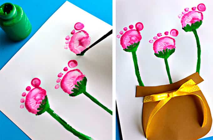 jarron-rosas-huellas-pie manualidades con pintura de dedos