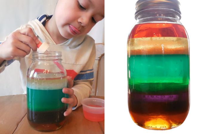 Un arcoíris de líquidos de colores en un tarro de cristal Arcoíris líquido, ensayo con las distintas densidades de los líquidos