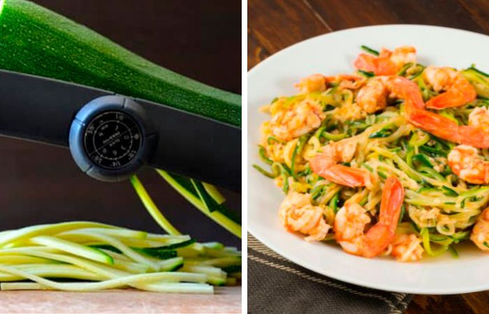 Paso cortando un calabacín en forma de espaguetis y plato de calabacín con gambas Espaguetis de calabacín con gambas