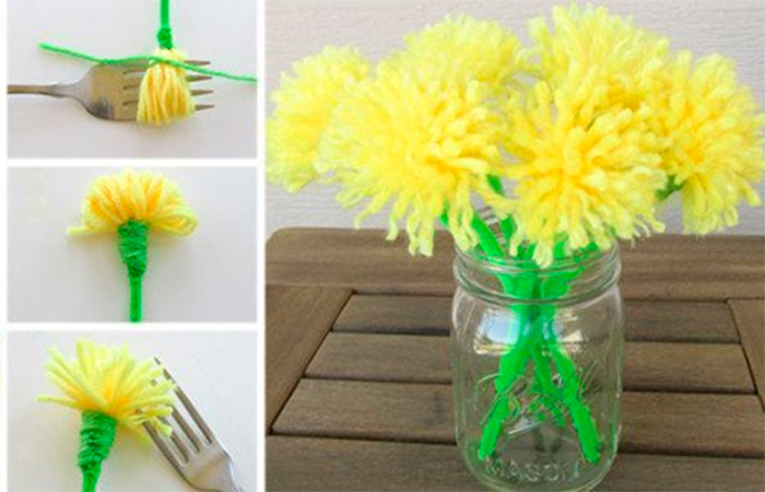 flores amarillas hechas con lana Manualidades con lana: flores