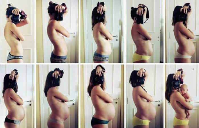 selfies frente al espejo de toda la gestación 10 selfies, uno por mes de gestación y el último, con el bebé