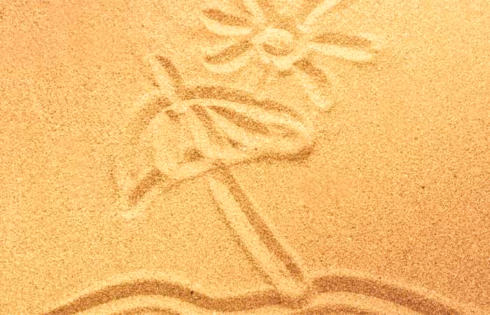 Dibujo en la arena de sol y sombrilla hecho con el dedo Juegos en la playa con la arena: pictionary