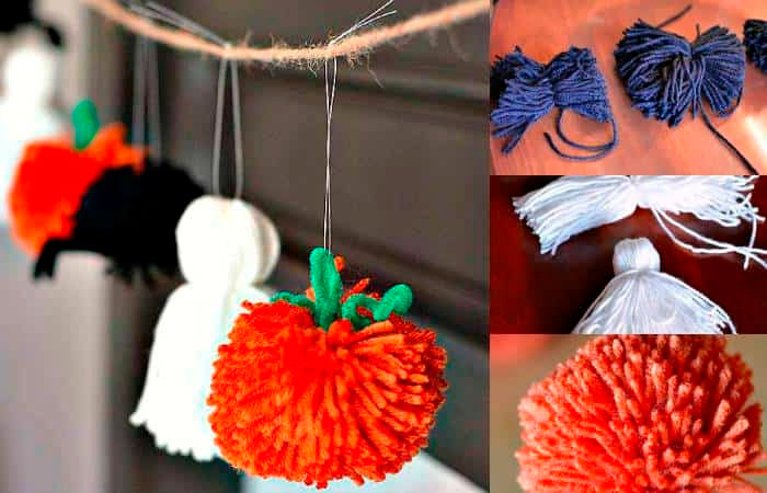 Guirnalda con fantasmas, calabazas y arañas, una de las manualidades con lana para Halloween Manualidades con lana para Halloween: guirnalda fantasma