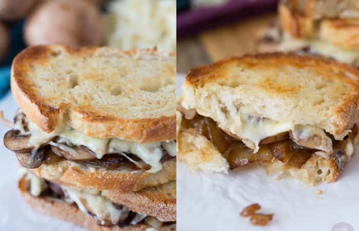 Sándwiches calientes: Champiñones, queso y cebolla caramelizada Sándwiches calientes
