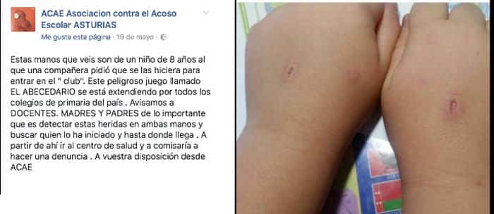 4 Juegos peligrosos que arriesgan la vida de nuestros hijos Post de Facebook de la Asociación Contra el Acoso Escolar de Asturias alertando sobre el juego 'el abecedario del diablo'