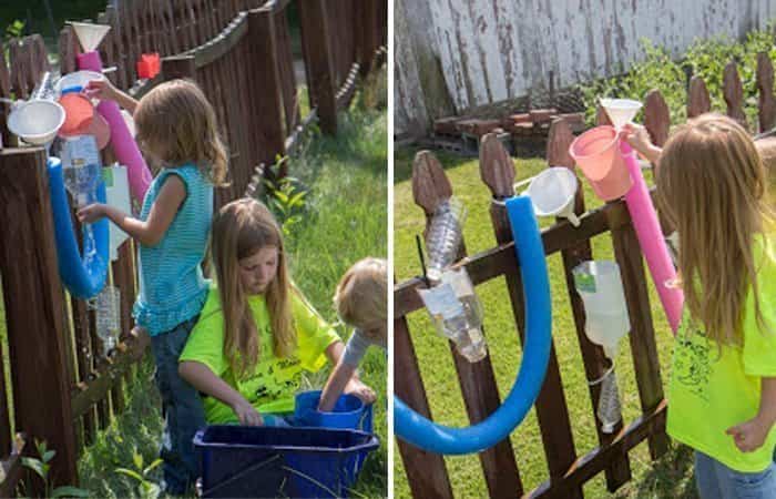 circuito de agua con churros de piscina, embudos y botellas de plástico circuito de agua con churros de piscina
