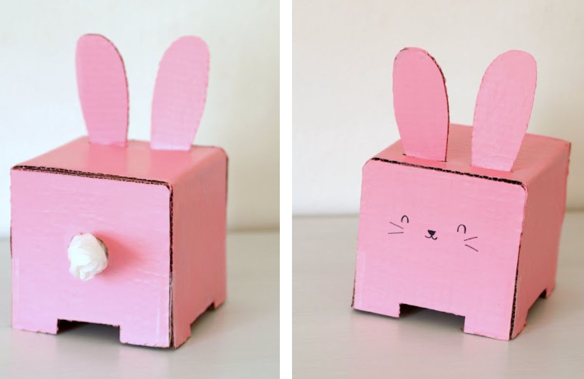 conejo de cartón pintado de rosa Conejo con caja