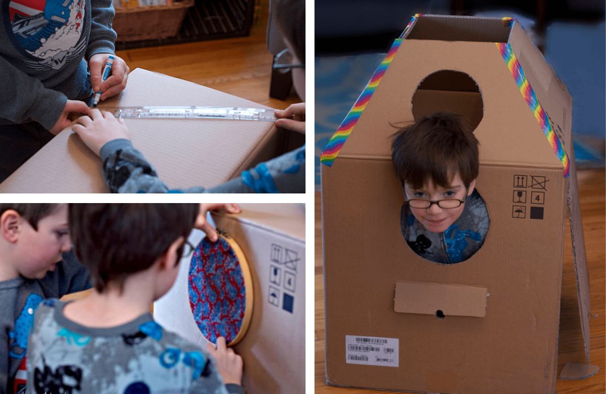 paso a paso de niños haciendo un cohete con cajas de cartón Cohete espacial hecho con cajas de cartón grandes