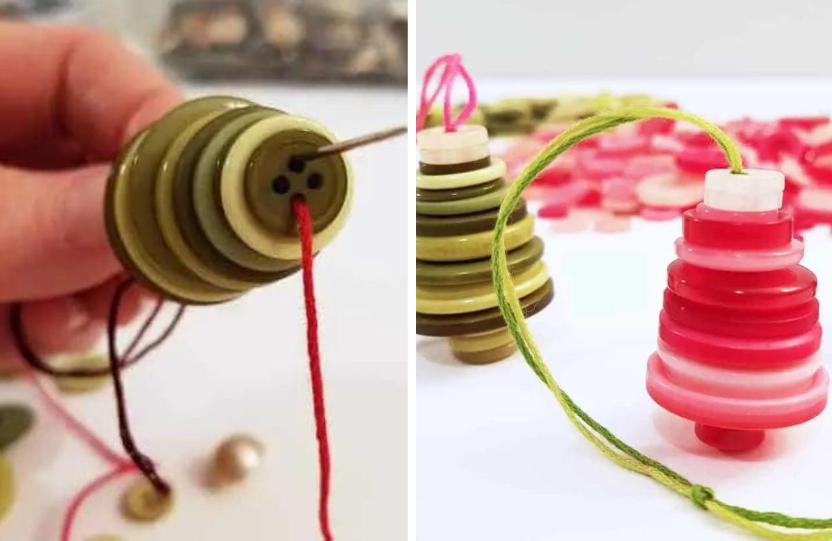 Arbolitos de Navidad hechos con botones, en dos tonos: rosa y verde Adornos de Navidad fácil: arbolitos con botones