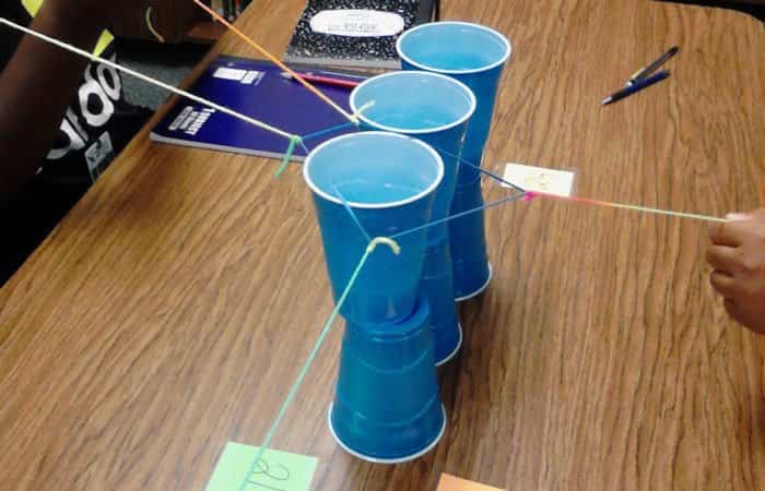 Prueba con vasos de plástico, goma elástica e hilos juegos colaborativos: vasos