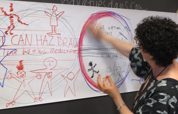 Aplicando Visual thinking en clase Profesora dibujando en una pizarra blanca. Visual thinking en las aulas