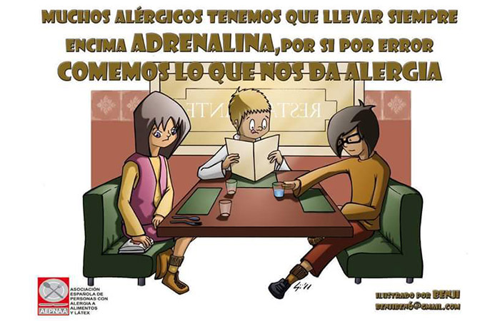 Ilustración sobre la necesidad de tener a mano una inyección de adrenalina para los que tiene alergias a alimentos
