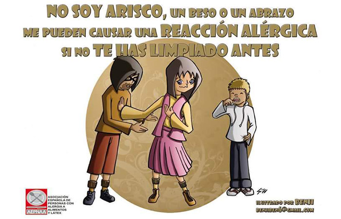El contacto indirecto puede causar reacción en caso de alergias a alimentos ilustración sobre el riesgo de contacto con otras personas que han consumido el alérgeno. Alergias a alimentos