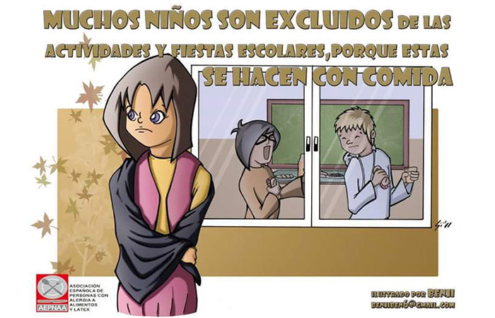 ilustración sobre la exclusión que sientes los niños con alergias a alimentos en las fiestas escolares
