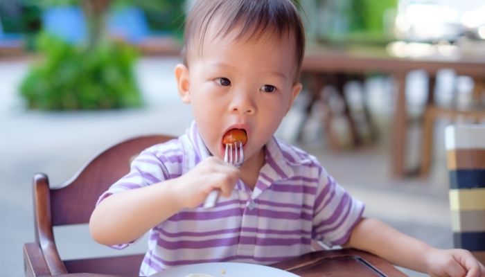 Niño se lleva a la boca un alimento pinchado con un tenedor Dejar de respirar niños