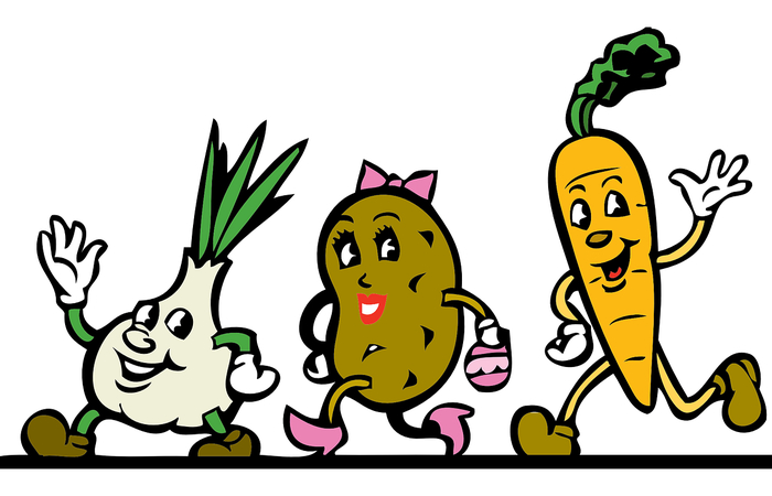 ilustración vegetales divertidos: ajo, patata y zanahoria adivinanzas fáciles para niños: ajo