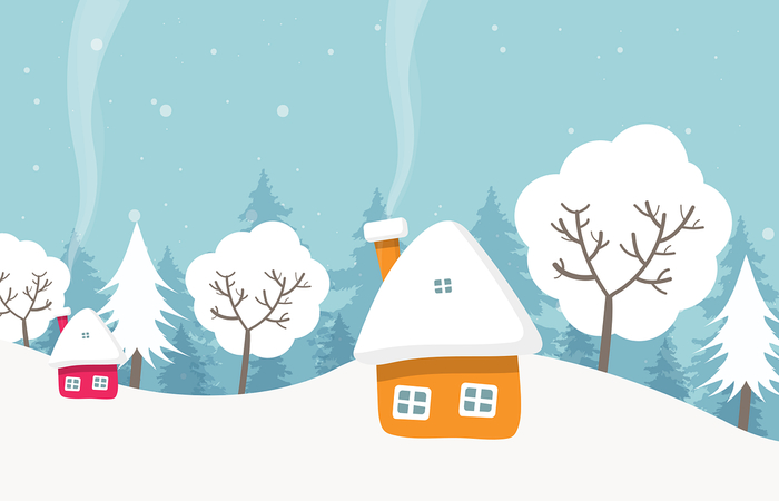 ilustración de pueblo nevado con casa con chimenea que echa humo adivinanzas difíciles para niños: humo
