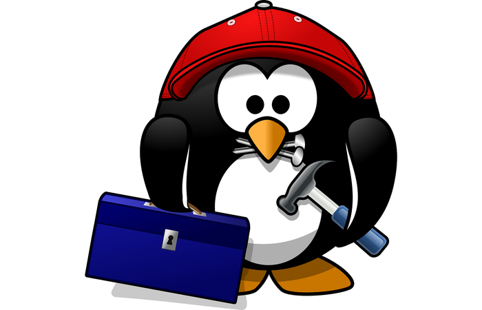 ilustración de pingüino con martillo y clavos en el pico martillo