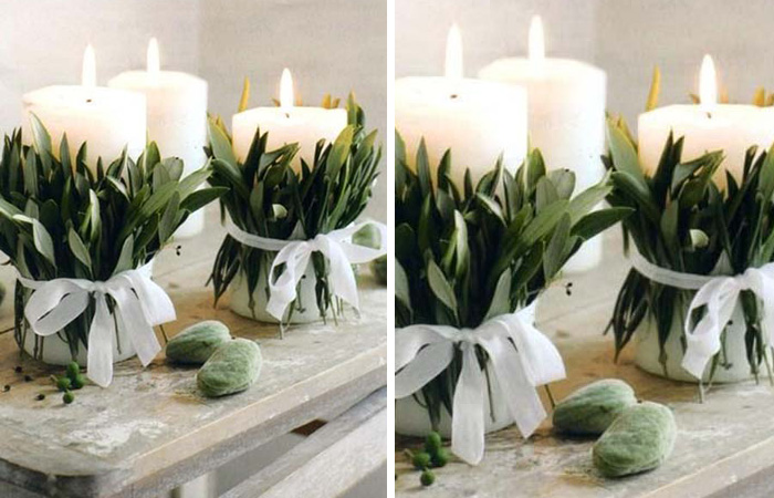 Velas decoradas con ramas de olivo para mesa de Navidad Velas decorativas