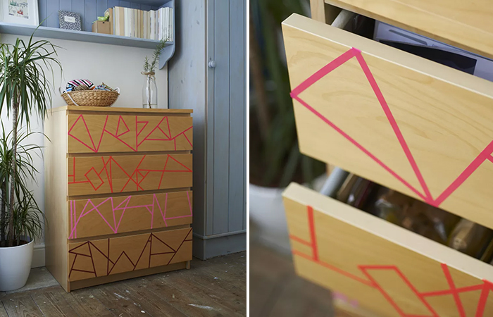 Cómo decorar una cajonera con cinta adhesiva de colores cajonera con diseño geométrico hecho con cinta adhesiva de colores