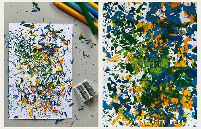 Cuadro hecho con virutas de ceras de colores Técnicas de pintura sin pincel: cuadro con virutas de ceras