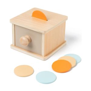 Juguete de madera con cajón y hucha