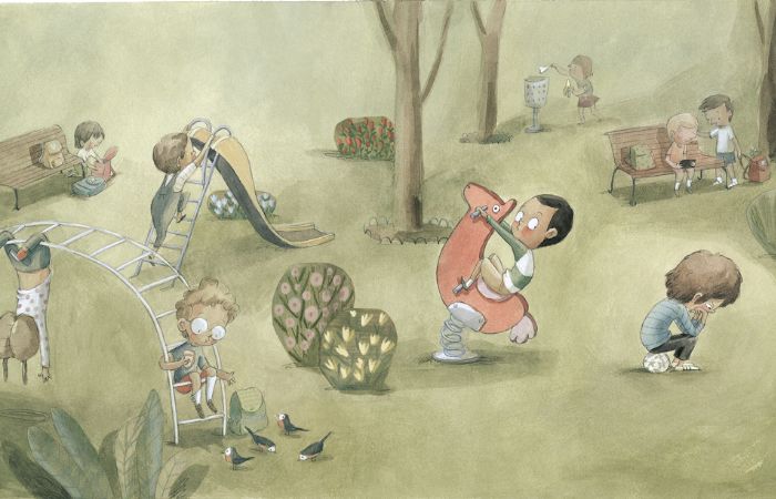 Ilustración Rocio Bonilla de niños en el parque jugando estrenos literarios de Flamboyant: Una lata en el bosque