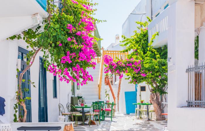 Las callejuelas de Mykonos con buganvillas destinos más buscados en google 2023 grecia
