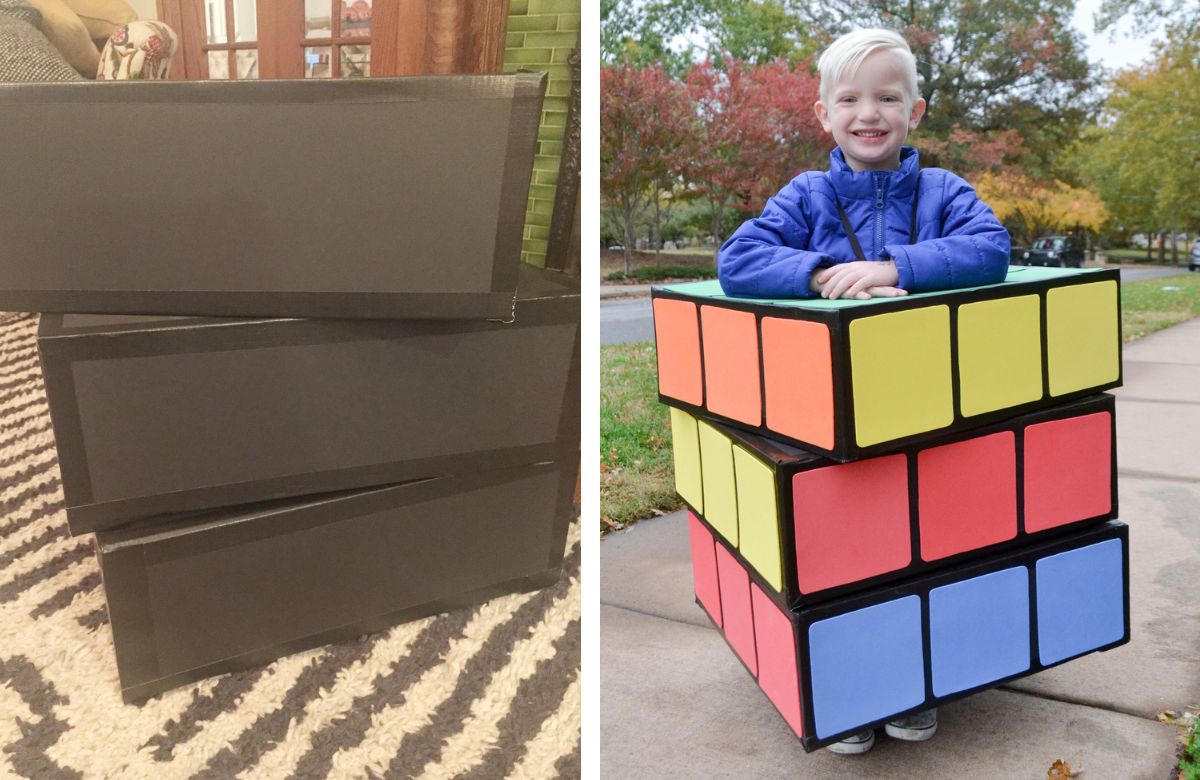Niño disfrazado de cubo de Rubik Disfraces con cajas de cartón, cubo de Rubik