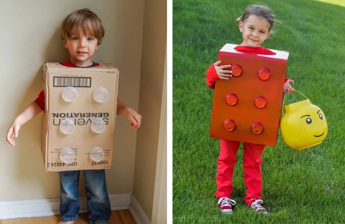 Niño y niña disfrazados de ficha de Lego Disfraz de ficha de Lego