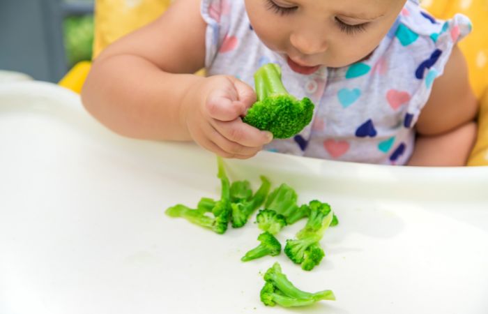 bebé comiendo trocitos de brócoli como parte de su alimentación complementaria crecimiento del bebé y alimentación complementaria