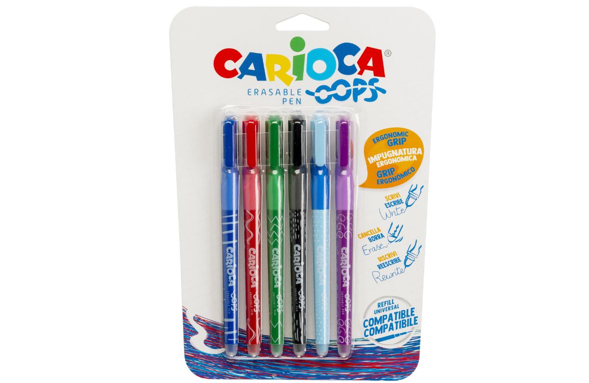 Blister de bolígrafos Oops en seis colores, ergonómicos, con capuchón y clip Carioca Oops blister 6 colores