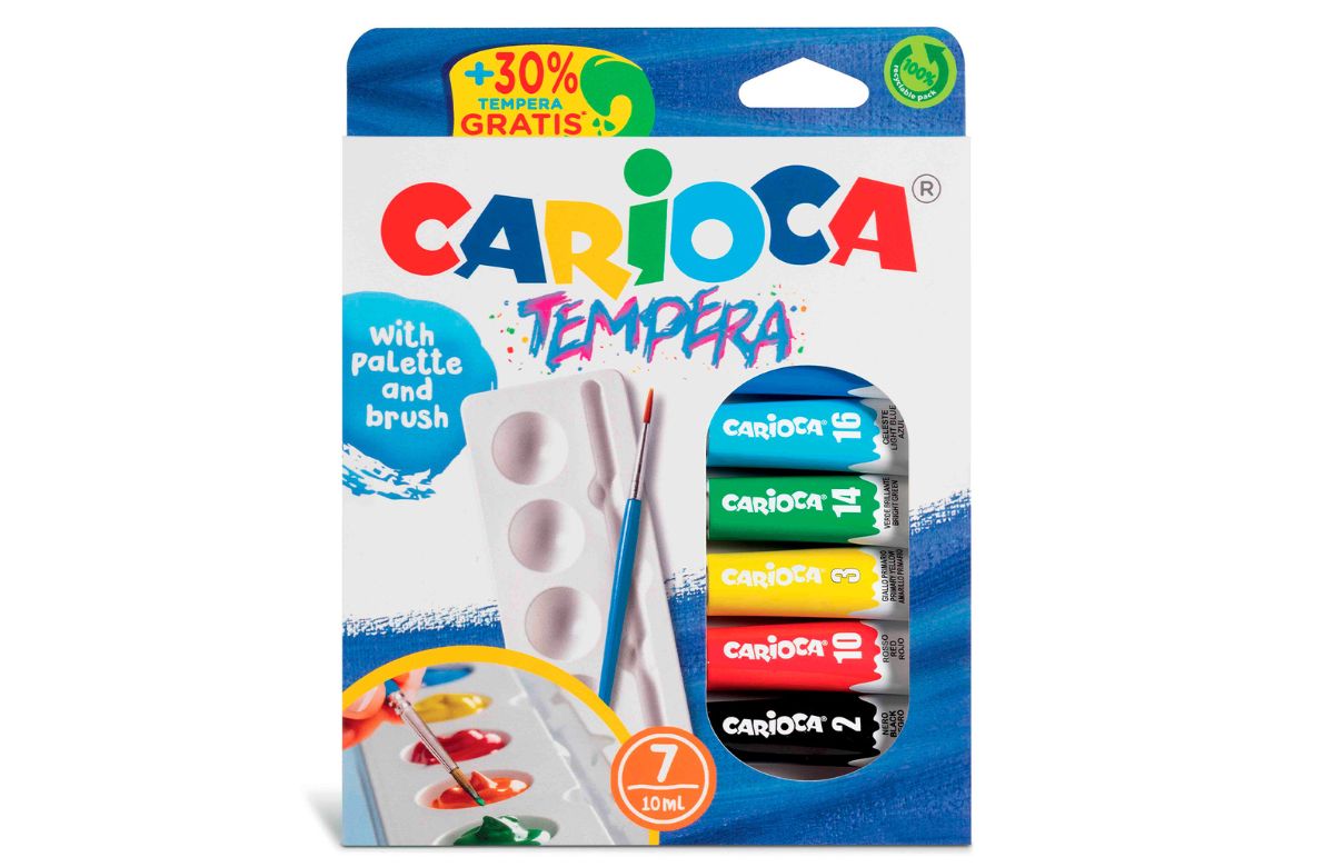Caja de siete colores de témperas, en tubos de 10 ml, con pincel y paleta Carioca témperas